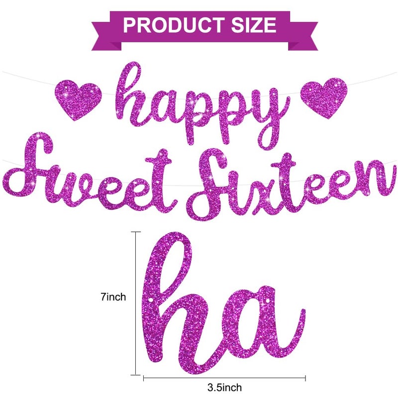 BEISHIDA Purple Glitter Happy Sweet 16 Birthday Banner, Pre-Strung Glitter Happy 16 Birthday Decoration for Girls,Happy 16th Birthday Sign for Women, Girls - Image 2